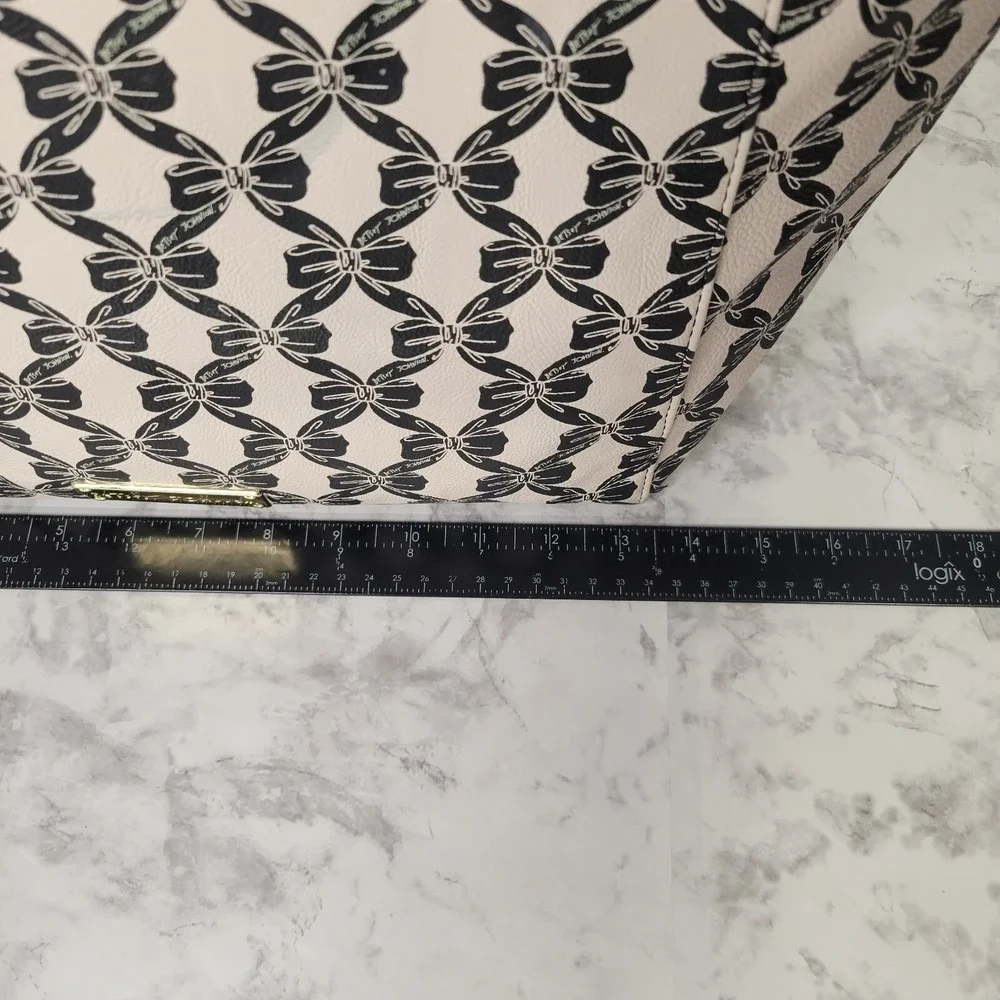 Betsey Johnson Bow Print Tote Bag Cream Black Gold Studded Large Shoulder Bag